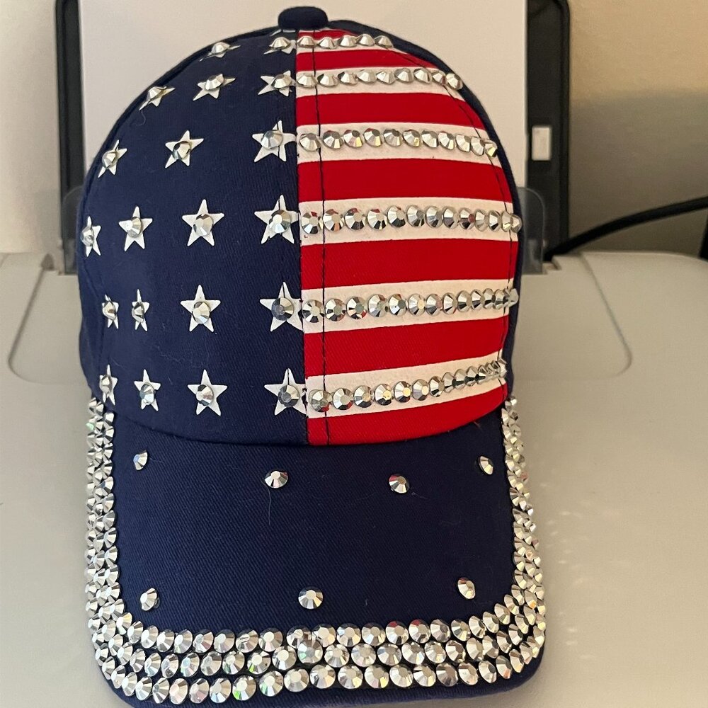 American Flag Bling Baseball Cap US Flag Hat Adjustable- Red, White & Blue